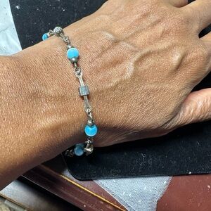 Vintage sterling silver bracelet with blue larimar beads and rhinestones accents
